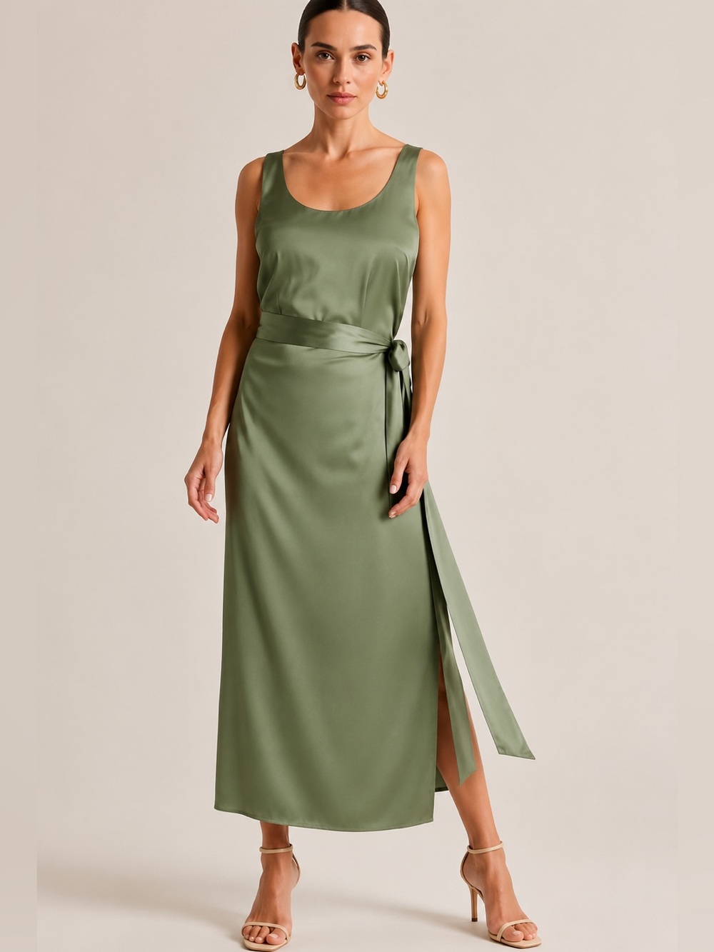Abercrombie & Fitch Sage Green Satin Faux Wrap Slip Maxi Dress Belted SIZE LARGE